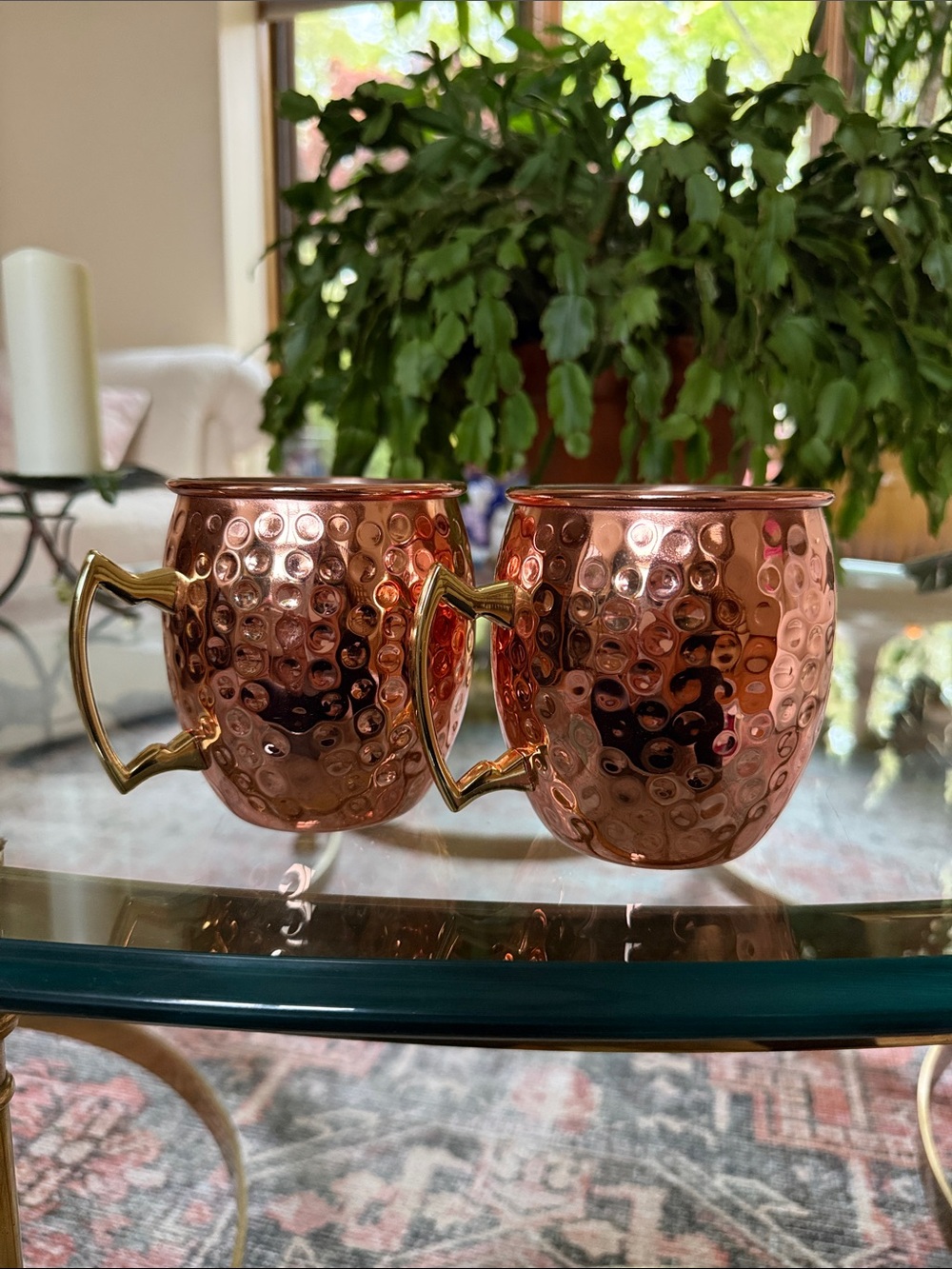 Copper Hammered Moscow Mule Mugs with Gold Handles - Set of 2